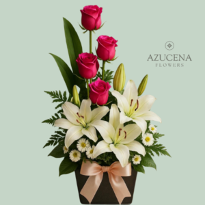 Arreglo con Rosas Fucsias y Liliums Blancos