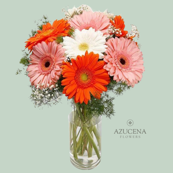 Florero con 10 Gerberas en Tonos Naranjas