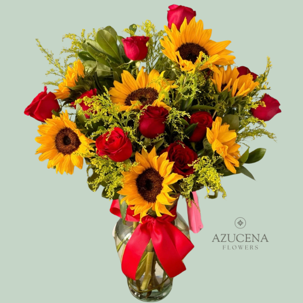 Florero con Rosas y Girasoles